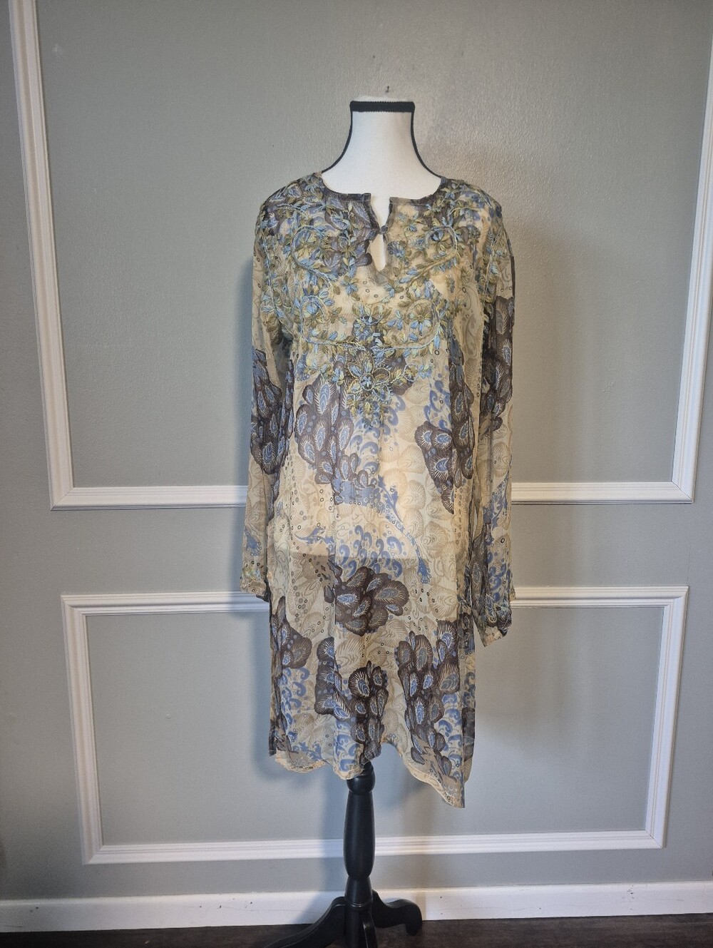 Raj 100% Silk Embroidered Floral Tunic Dress Size XL